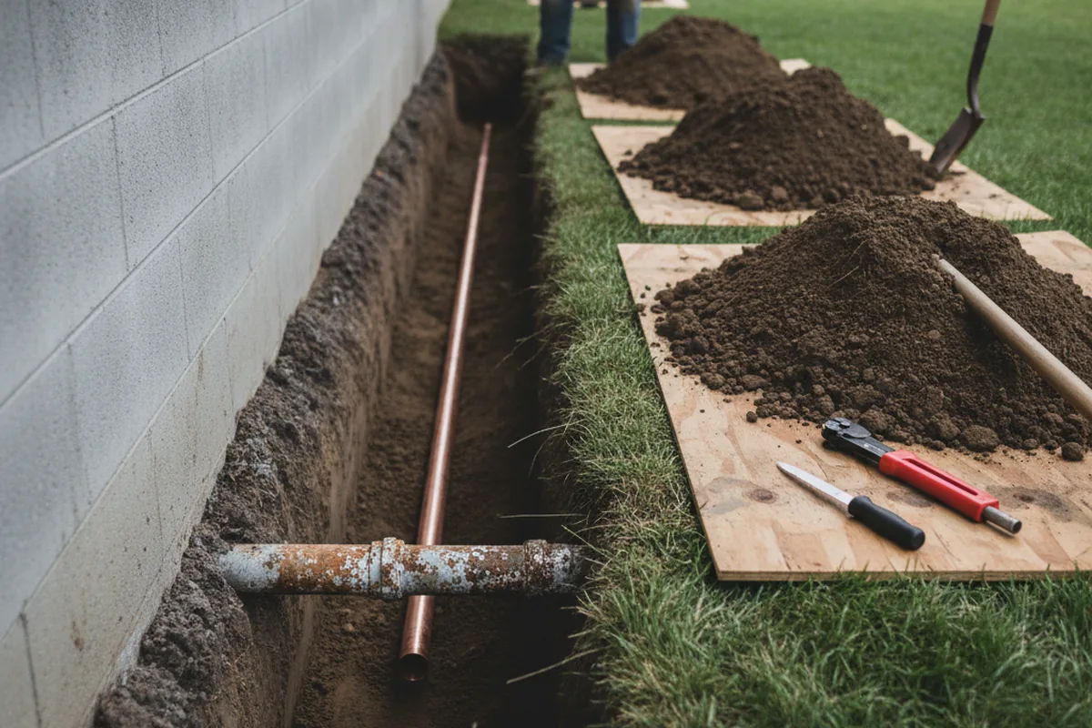 Excavated water line trench during Sewer Line Repair in Black Mountain
